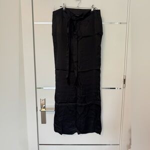 Black Satin Wide-Leg Pants with Waist Tie